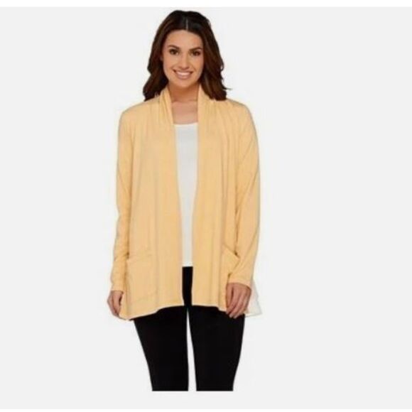 Logo Lori Goldstein Cardigan Layered Hem Open Front Cardigan Swiss Dot Size 1X - Picture 1 of 13